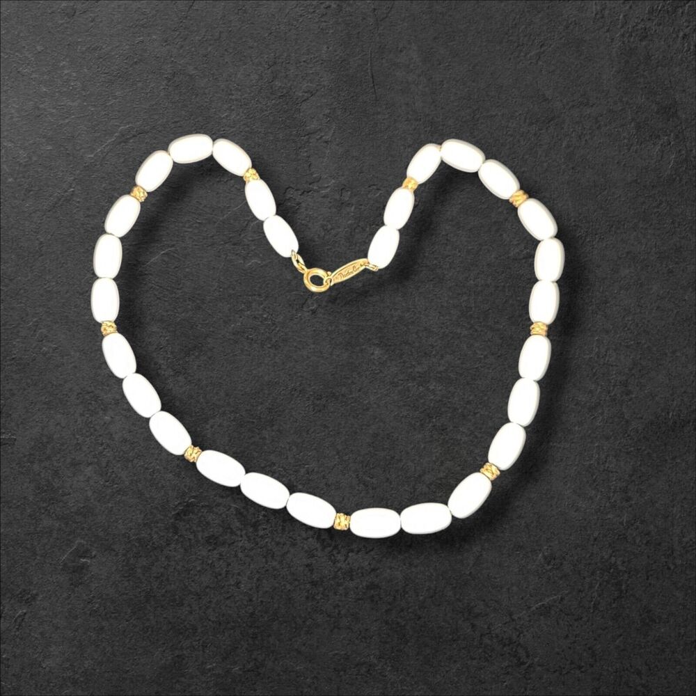 Vintage Direction One White Acrylic Bead Choker Collar Necklace Gold Accents 14"